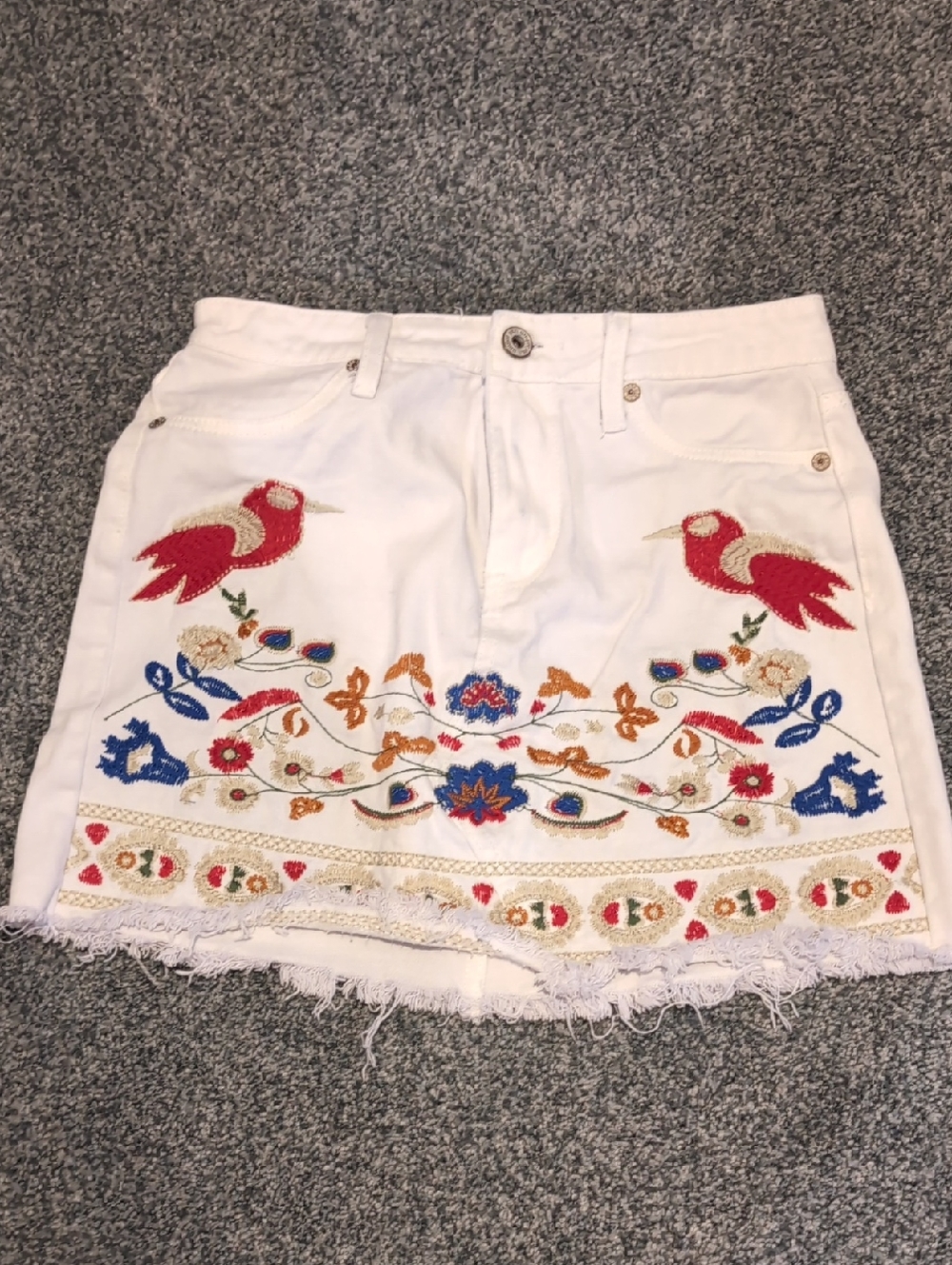 Umgee White Embroidered Bird & Floral Mini White Jean Skirt